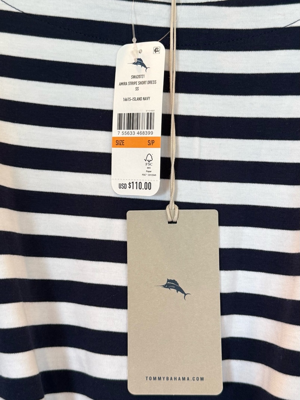 NWT Women's Tommy Bahama Amira Short Sleeve Navy & White Stripe Dress Small $110 - Picture 6 of 7